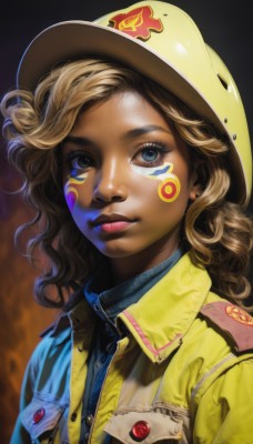 1girl,solo,long hair,looking at viewer,blue eyes,blonde hair,brown hair,shirt,hat,jewelry,closed mouth,jacket,upper body,earrings,dark skin,medium hair,dark-skinned female,lips,eyelashes,makeup,buttons,wavy hair,facial mark,helmet,lipstick,portrait,curly hair,pocket,realistic,nose,stud earrings,breast pocket,facepaint,yellow headwear,overalls,badge