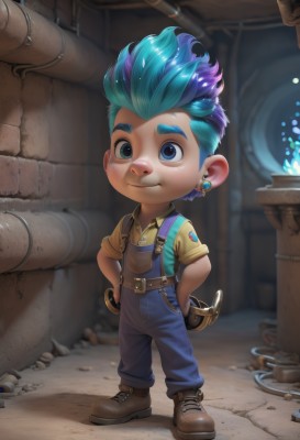 solo,looking at viewer,smile,short hair,blue eyes,shirt,1boy,jewelry,closed mouth,blue hair,standing,full body,weapon,purple hair,short sleeves,male focus,multicolored hair,earrings,boots,collared shirt,belt,pants,sword,artist name,blurry,two-tone hair,blurry background,brown footwear,suspenders,spiked hair,child,freckles,hands on hips,yellow shirt,hands in pockets,overalls,male child,wrench,industrial pipe,gloves,green hair,shoes,watermark,thick eyebrows,helmet,aged down,goggles,web address,headwear removed