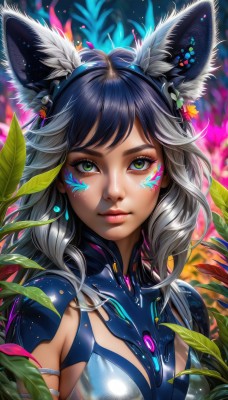 1girl,solo,long hair,breasts,looking at viewer,bangs,black hair,hair ornament,animal ears,jewelry,medium breasts,closed mouth,green eyes,upper body,grey hair,multicolored hair,earrings,shiny,artist name,cat ears,blurry,lips,animal ear fluff,fox ears,eyelashes,bodysuit,makeup,headgear,leaf,watermark,facial mark,plant,portrait,science fiction,pink lips,nose,cyborg,small breasts,armor,glowing,thick eyebrows,lipstick,eyeliner,facepaint,colorful,mascara