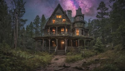 outdoors,sky,tree,no humans,window,night,grass,plant,building,star (sky),nature,night sky,scenery,forest,starry sky,stairs,door,road,house,lamppost,path,lantern,fantasy,ruins,arch,overgrown