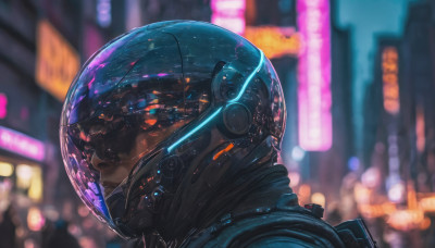 1girl, solo, shiny, blurry, from side, night, depth of field, blurry background, helmet, reflection, science fiction, city, realistic, city lights, cyberpunk, neon lights