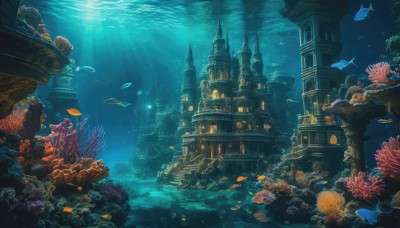 water,no humans,ocean,animal,sunlight,building,scenery,fish,bubble,light rays,city,underwater,fantasy,air bubble,watercraft,architecture,sunbeam,ruins,pillar,castle,arch,turtle,coral,outdoors,statue