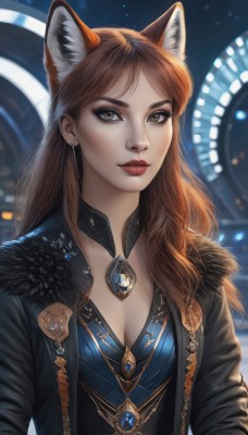 1girl,solo,long hair,breasts,looking at viewer,brown hair,animal ears,cleavage,brown eyes,jewelry,medium breasts,jacket,upper body,earrings,open clothes,artist name,cat ears,blurry,lips,black jacket,animal ear fluff,fur trim,fox ears,makeup,blurry background,lipstick,brooch,gem,freckles,nose,red lips,bangs,closed mouth,yellow eyes,parted bangs,eyelashes,realistic