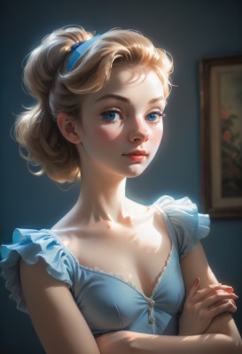 1girl,solo,breasts,looking at viewer,blush,smile,blue eyes,blonde hair,dress,cleavage,jewelry,collarbone,upper body,ponytail,hairband,earrings,small breasts,frills,parted lips,sleeveless,indoors,nail polish,blurry,lips,fingernails,eyelashes,crossed arms,red nails,freckles,realistic,nose,stud earrings,blue hairband,long hair,hair ornament,closed mouth,blue dress,frilled sleeves,red lips,hair pulled back