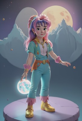 1girl,solo,long hair,looking at viewer,smile,blue eyes,shirt,jewelry,standing,full body,ponytail,pink hair,purple hair,short sleeves,earrings,boots,sky,belt,pants,artist name,star (symbol),vest,bracelet,lips,night,moon,scrunchie,wristband,star (sky),night sky,full moon,ball,pouch,overalls,planet,earth (planet),cloud,necklace,orb