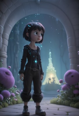 1girl,solo,short hair,bangs,shirt,black hair,hair ornament,long sleeves,brown eyes,jewelry,closed mouth,standing,collarbone,jacket,full body,flower,earrings,boots,outdoors,sky,shoes,belt,pants,artist name,signature,necklace,black footwear,blurry,black eyes,flat chest,tree,lips,looking to the side,fur trim,black shirt,night,glowing,looking away,black pants,looking up,gem,child,star (sky),night sky,light particles,pendant,fantasy,arms at sides,female child,mushroom,watermark,web address,arch,fireflies