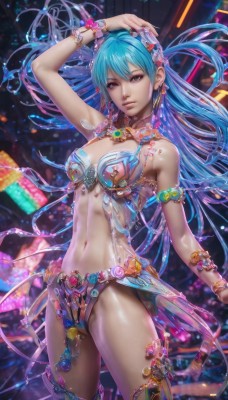 1girl,solo,long hair,breasts,looking at viewer,hair ornament,thighhighs,navel,cleavage,brown eyes,jewelry,medium breasts,blue hair,standing,multicolored hair,cowboy shot,earrings,midriff,arm up,bracelet,lips,shiny skin,floating hair,revealing clothes,armlet,realistic,hand on own head,bikini armor,pink eyes,aqua hair,watermark,ring