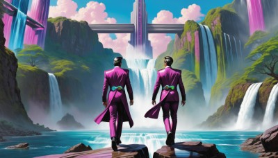 black hair,long sleeves,1boy,standing,male focus,boots,outdoors,multiple boys,sky,day,belt,pants,cloud,2boys,water,from behind,black footwear,tree,blue sky,scenery,arms at sides,facing away,purple jacket,pillar,waterfall,purple coat,short hair,hat,jacket,full body,shoes,artist name,signature,coat,black headwear,black pants,nature,walking,rock,mountain,bridge,long coat,purple pants,cliff,moss