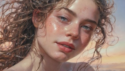 1girl,solo,long hair,looking at viewer,blue eyes,brown hair,outdoors,parted lips,sky,teeth,water,lips,grey eyes,wavy hair,sunlight,messy hair,portrait,close-up,freckles,realistic,nose,red lips,blue sky,eyelashes,floating hair,thick eyebrows,wind,sunset,mole on cheek