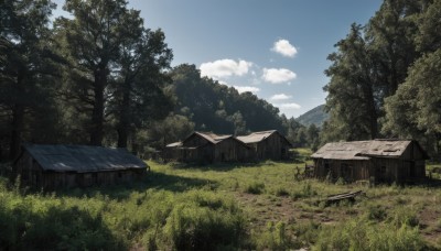 outdoors,sky,day,cloud,tree,blue sky,no humans,cloudy sky,grass,building,nature,scenery,forest,mountain,road,bush,house,path,window,landscape