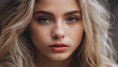 1girl,solo,long hair,looking at viewer,blonde hair,brown eyes,parted lips,lips,eyelashes,makeup,lipstick,portrait,close-up,freckles,realistic,nose,red lips,teeth