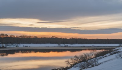 outdoors,sky,cloud,water,tree,blue sky,no humans,cloudy sky,grass,nature,scenery,snow,forest,reflection,sunset,mountain,horizon,winter,bare tree,river,landscape,mountainous horizon,lake,day,road,orange sky