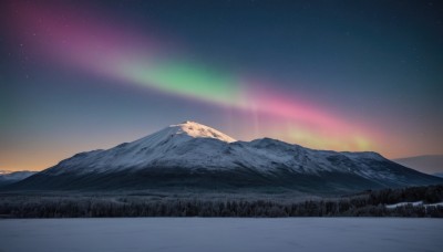 outdoors,sky,cloud,tree,no humans,night,star (sky),nature,night sky,scenery,snow,forest,starry sky,mountain,rainbow,landscape,mountainous horizon,sunrise,aurora,sunset,gradient sky