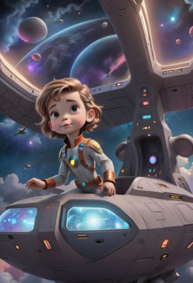 1girl,solo,looking at viewer,short hair,brown hair,hair ornament,brown eyes,sky,hairclip,cloud,signature,black eyes,lips,night,child,star (sky),night sky,starry sky,science fiction,space,planet,spacecraft,spacesuit,cockpit,belt,bodysuit,floating,realistic,nose