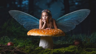 1girl,solo,long hair,looking at viewer,blue eyes,brown hair,hair ornament,dress,bare shoulders,flower,outdoors,wings,white dress,blurry,tree,depth of field,grass,plant,nature,forest,head rest,realistic,antennae,fairy,head wreath,mushroom,butterfly wings,moss,brown eyes,hair flower,lips,bug,fairy wings