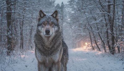 open mouth,yellow eyes,outdoors,tree,no humans,animal,fangs,fire,nature,scenery,snow,forest,dog,snowing,realistic,animal focus,winter,bare tree,wolf,solo,looking at viewer,signature,blurry,pine tree