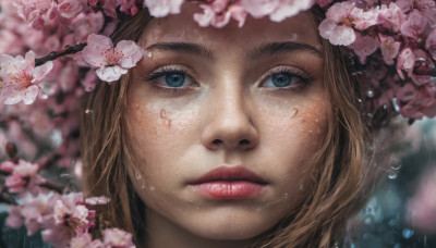 1girl, solo, looking at viewer, blue eyes, blonde hair, brown hair, flower, parted lips, blurry, lips, eyelashes, cherry blossoms, portrait, close-up, water drop, realistic, nose