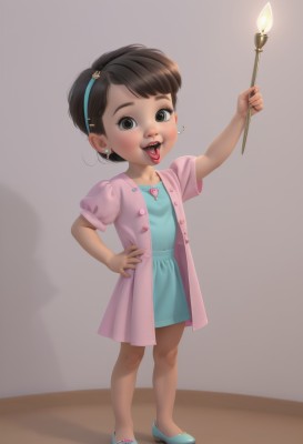 1girl,solo,looking at viewer,smile,short hair,open mouth,brown hair,black hair,hair ornament,dress,holding,brown eyes,jewelry,standing,full body,short sleeves,heart,hairband,earrings,shoes,tongue,hairclip,puffy sleeves,tongue out,black eyes,arm up,puffy short sleeves,hand on hip,loli,blue dress,shadow,piercing,child,blue footwear,female child,simple background,realistic,wand,candle