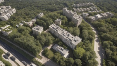 outdoors,day,tree,no humans,from above,sunlight,ground vehicle,building,nature,scenery,forest,city,road,house,street,river,landscape,water,motor vehicle,car,ruins,bridge,overgrown