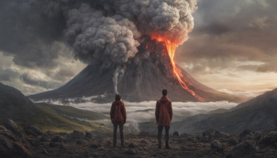 black hair, 1boy, standing, outdoors, multiple boys, sky, cloud, hood, 2boys, from behind, bird, cloudy sky, fire, scenery, smoke, rock, mountain, molten rock