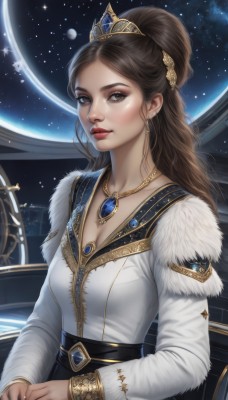 1girl,solo,long hair,breasts,looking at viewer,brown hair,hair ornament,long sleeves,dress,cleavage,brown eyes,jewelry,medium breasts,collarbone,upper body,earrings,parted lips,sky,belt,necklace,bracelet,lips,fur trim,makeup,own hands together,tiara,crown,lipstick,gem,star (sky),pendant,starry sky,gold trim,realistic,nose,red lips,space,planet,earth (planet),artist name,hair bun,nail polish,white dress,ring,eyeshadow