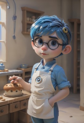 solo,looking at viewer,blush,smile,short hair,blue eyes,shirt,1boy,holding,closed mouth,blue hair,standing,short sleeves,male focus,hairband,food,glasses,day,collared shirt,pants,indoors,apron,lips,window,table,thick eyebrows,blue shirt,child,plate,sleeves rolled up,personification,black-framed eyewear,hand in pocket,nose,blue pants,male child,cookie,kitchen,cabinet,pie,overalls