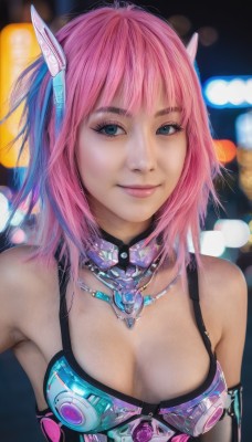 1girl,solo,breasts,looking at viewer,smile,short hair,blue eyes,cleavage,bare shoulders,jewelry,medium breasts,upper body,pink hair,necklace,blurry,lips,makeup,blurry background,headgear,science fiction,realistic,bangs,closed mouth,elbow gloves,eyelashes,depth of field,pink lips,bokeh,cyberpunk