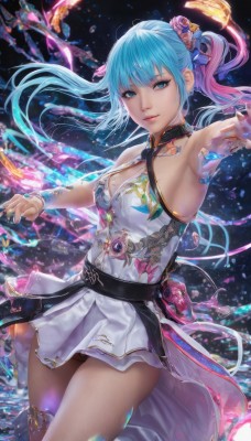 1girl,solo,long hair,breasts,looking at viewer,smile,bangs,blue eyes,hair ornament,dress,ribbon,cleavage,bare shoulders,twintails,jewelry,medium breasts,underwear,blue hair,standing,panties,pink hair,flower,multicolored hair,cowboy shot,earrings,parted lips,hair flower,armpits,nail polish,white dress,bracelet,two-tone hair,lips,black panties,aqua hair,halterneck,short dress,pantyshot,outstretched arms,fish,realistic,thighlet,halter dress,thighs,sleeveless,belt,mole,gradient hair,thigh strap,ring,blue nails,mole on breast