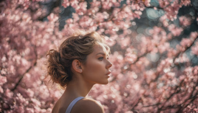 1girl, solo, short hair, brown hair, jewelry, upper body, earrings, blurry, lips, profile, depth of field, cherry blossoms, freckles, realistic, nose, stud earrings