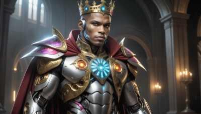 HQ,solo,looking at viewer,short hair,black hair,1boy,brown eyes,upper body,male focus,indoors,dark skin,cape,armor,black eyes,lips,glowing,dark-skinned male,crown,science fiction,realistic,android,red cape,candle,very short hair,cyborg,very dark skin,brown hair,closed mouth,facial mark,joints,robot joints,power armor,gold armor