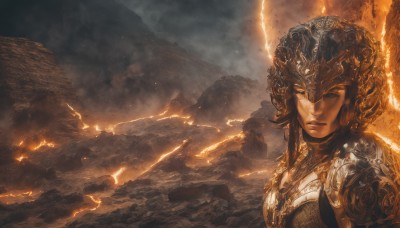 1girl,solo,black hair,closed mouth,upper body,outdoors,sky,cloud,armor,lips,helmet,fire,shoulder armor,smoke,pauldrons,breastplate,rock,fantasy,lightning,molten rock,looking at viewer,brown hair,scenery,mountain,realistic