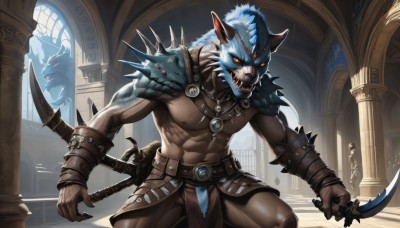 solo,looking at viewer,red eyes,1boy,navel,holding,animal ears,jewelry,nipples,yellow eyes,weapon,male focus,thighs,teeth,belt,sword,indoors,necklace,holding weapon,armor,bracelet,orange eyes,window,mask,muscular,glowing,fangs,abs,knife,pectorals,sharp teeth,muscular male,shoulder armor,gauntlets,sheath,bara,glowing eyes,pelvic curtain,furry,spikes,pauldrons,topless male,dagger,furry male,leather,loincloth,pillar,open mouth,solo focus