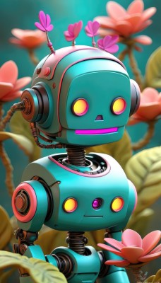 solo,standing,yellow eyes,flower,blurry,no humans,blurry background,glowing,plant,robot,mecha,pink flower,science fiction,cable,humanoid robot,non-humanoid robot,looking at viewer,open mouth,upper body,artist name,signature,pink eyes,leaf