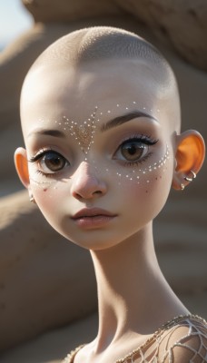 1girl,solo,looking at viewer,short hair,brown eyes,jewelry,closed mouth,earrings,necklace,mole,blurry,lips,eyelashes,makeup,blurry background,piercing,portrait,freckles,realistic,bald,very short hair,ear piercing,genderswap,genderswap (mtf)