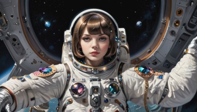 1girl,solo,looking at viewer,short hair,bangs,blue eyes,brown hair,gloves,brown eyes,upper body,parted lips,white gloves,blunt bangs,lips,bob cut,star (sky),realistic,red lips,space,planet,earth (planet),spacecraft,spacesuit,space helmet,astronaut,makeup,helmet,science fiction,nose,american flag