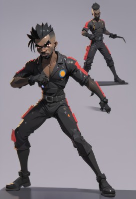 looking at viewer,short hair,simple background,black hair,red eyes,gloves,1boy,holding,standing,jacket,full body,weapon,male focus,boots,black gloves,belt,pants,dark skin,grey background,black footwear,uniform,black shirt,multiple views,facial hair,scar,black pants,dark-skinned male,thick eyebrows,knife,spiked hair,beard,mustache,holding knife,very short hair,undercut,cyborg,mohawk,shirt,jewelry,collarbone,earrings,teeth,holding weapon,armor,black jacket,mask,clenched hand,colored sclera,black belt,black sclera