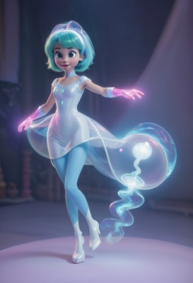 1girl,solo,breasts,looking at viewer,smile,short hair,bangs,blue eyes,gloves,dress,brown eyes,jewelry,blue hair,standing,full body,pantyhose,earrings,small breasts,green hair,shoes,sleeveless,white dress,blurry,high heels,lips,see-through,aqua hair,detached collar,blurry background,glowing,white footwear,walking,blue pantyhose