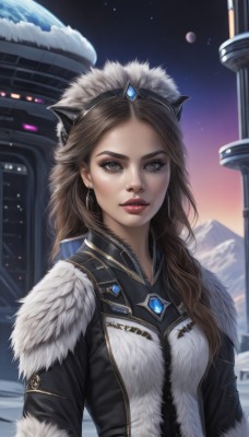 1girl,solo,long hair,looking at viewer,brown hair,animal ears,brown eyes,jewelry,upper body,earrings,outdoors,sky,cat ears,lips,coat,fur trim,makeup,fake animal ears,gem,star (sky),snow,forehead,mountain,realistic,nose,winter clothes,red lips,planet,breasts,parted lips,artist name,crown,lipstick,freckles