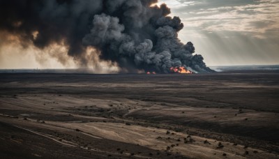 outdoors,sky,day,cloud,no humans,ocean,beach,sunlight,cloudy sky,fire,scenery,smoke,sand,horizon,explosion,dust,water,rock