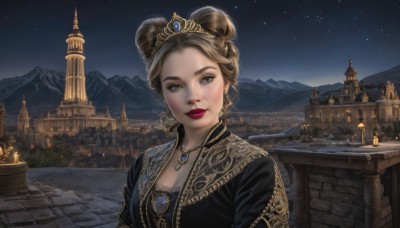 1girl,solo,breasts,looking at viewer,brown hair,dress,cleavage,brown eyes,jewelry,closed mouth,upper body,earrings,outdoors,sky,necklace,hair bun,lips,looking to the side,double bun,makeup,night,tiara,crown,lipstick,building,gem,star (sky),night sky,scenery,starry sky,gold trim,mountain,realistic,fantasy,red lips,castle,princess,medium breasts,grey eyes,single hair bun,city,candle,mountainous horizon