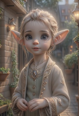 1girl,solo,looking at viewer,short hair,blue eyes,blonde hair,hair ornament,long sleeves,dress,jewelry,jacket,upper body,braid,earrings,outdoors,parted lips,day,pointy ears,necklace,blurry,lips,grey eyes,eyelashes,depth of field,blurry background,plant,elf,child,pendant,freckles,lantern,female child,potted plant,lamppost,pavement,open clothes,teeth,artist name,flat chest,watermark,thick eyebrows,gem,web address,nose,lamp,brick wall