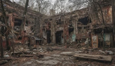 outdoors,tree,no humans,window,building,scenery,snow,stairs,sign,road,ruins,winter,bare tree,chair,rock,rubble