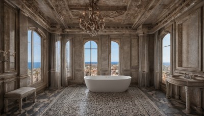 sky,day,cloud,indoors,water,blue sky,no humans,window,ocean,chair,table,sunlight,scenery,wooden floor,door,candle,architecture,pillar,carpet,candlestand,rug,chandelier,1girl,solo,long hair,plant,tiles,tile floor,bathtub