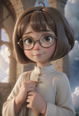 1girl,solo,looking at viewer,blush,smile,short hair,bangs,brown hair,shirt,long sleeves,holding,brown eyes,jewelry,closed mouth,white shirt,upper body,ahoge,outdoors,sky,glasses,day,artist name,cloud,necklace,blurry,blue sky,lips,book,blurry background,bob cut,thick eyebrows,cloudy sky,cross,black-framed eyewear,nose,round eyewear,cross necklace,church,own hands together