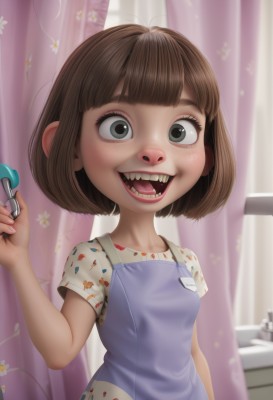 1girl,solo,breasts,looking at viewer,smile,short hair,open mouth,bangs,brown hair,shirt,holding,white shirt,upper body,short sleeves,small breasts,teeth,tongue,indoors,blunt bangs,blurry,black eyes,apron,grey eyes,blurry background,fangs,floral print,bob cut,curtains,child,freckles,female child,overalls,dress,green eyes,toothbrush