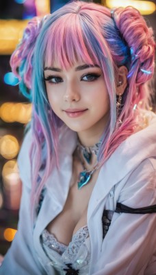 1girl,solo,long hair,breasts,looking at viewer,smile,bangs,cleavage,twintails,brown eyes,jewelry,medium breasts,closed mouth,underwear,blue hair,jacket,upper body,pink hair,multicolored hair,earrings,open clothes,choker,artist name,necklace,hair bun,bra,mole,blurry,black eyes,two-tone hair,lips,eyelashes,double bun,makeup,blurry background,piercing,white jacket,realistic,nose,large breasts,shirt,white shirt,heart,sidelocks,hood,blunt bangs,streaked hair,coat,depth of field,light smile,pendant,white bra,bokeh