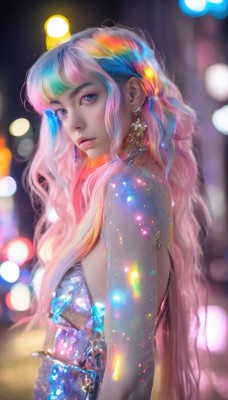 1girl,solo,long hair,breasts,looking at viewer,bangs,blue eyes,blonde hair,hair ornament,dress,bare shoulders,jewelry,very long hair,closed mouth,blue hair,upper body,pink hair,multicolored hair,earrings,blurry,from side,lips,looking to the side,eyelashes,makeup,depth of field,blurry background,blue dress,wavy hair,backless outfit,realistic,nose,backless dress,bokeh,rainbow hair,artist name,sparkle,strapless,aqua hair,gradient hair,night,watermark,gem,web address,lens flare,light