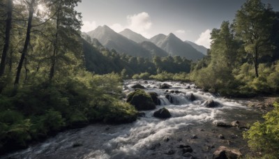 outdoors,sky,day,cloud,water,tree,no humans,cloudy sky,nature,scenery,forest,rock,mountain,river,waterfall,landscape,stream,sunlight,grass