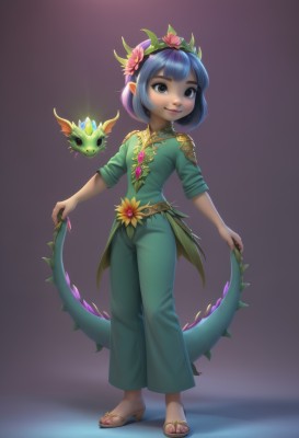 1girl,solo,smile,short hair,bangs,simple background,hair ornament,dress,brown eyes,jewelry,closed mouth,blue hair,standing,tail,full body,flower,hairband,pointy ears,pants,hair flower,dark skin,nail polish,black eyes,dark-skinned female,lips,toes,leaf,sandals,plant,gem,child,purple background,green dress,dragon,female child,vines,shirt,multicolored hair,horns,toenails,dragon girl,dragon tail,toenail polish,head wreath