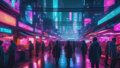 1girl,short hair,multiple girls,standing,jacket,outdoors,multiple boys,solo focus,hood,bag,from behind,coat,night,ground vehicle,building,scenery,reflection,6+boys,city,sign,hands in pockets,road,cityscape,street,crowd,shop,city lights,cyberpunk,reflective floor,neon lights,people,6+others,backpack,walking,science fiction,blue theme,dark,wide shot,neon trim,storefront